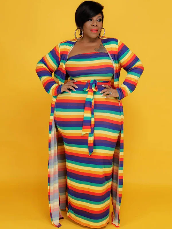 Plus Size Two Piece Rainbow Open Front Cardigan Dresses Sets Toggled Drawstring Belted Plus Size Two Piece Rainbow Open Front Cardigan Dresses Sets Toggled Drawstring Belted