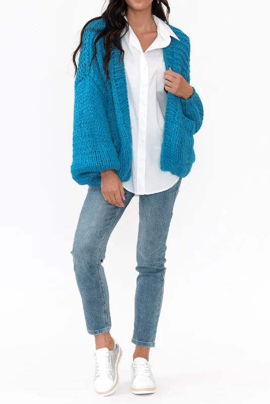 Freddie Blue Knit Pocket Cardigan Open Front Closed Front Wrap Front