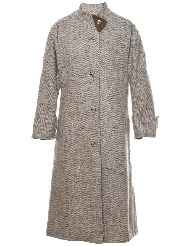 Herringbone Tweed Wool Coat - L Trench Wool Cashmere