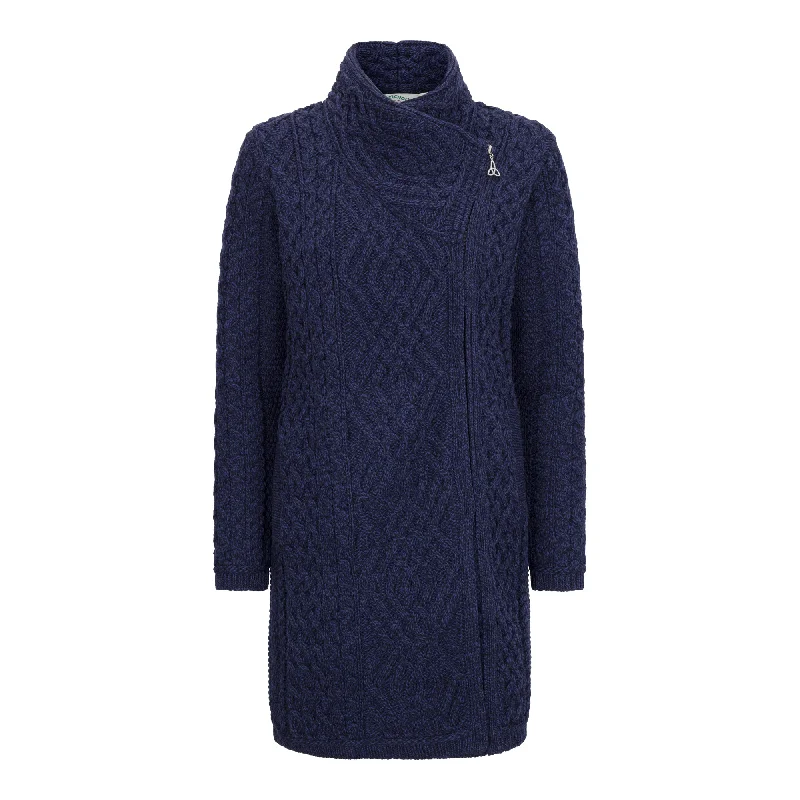 Navy Long Aran Biker Cardigan Notch Collar Peter Pan Collar Cowl Neck