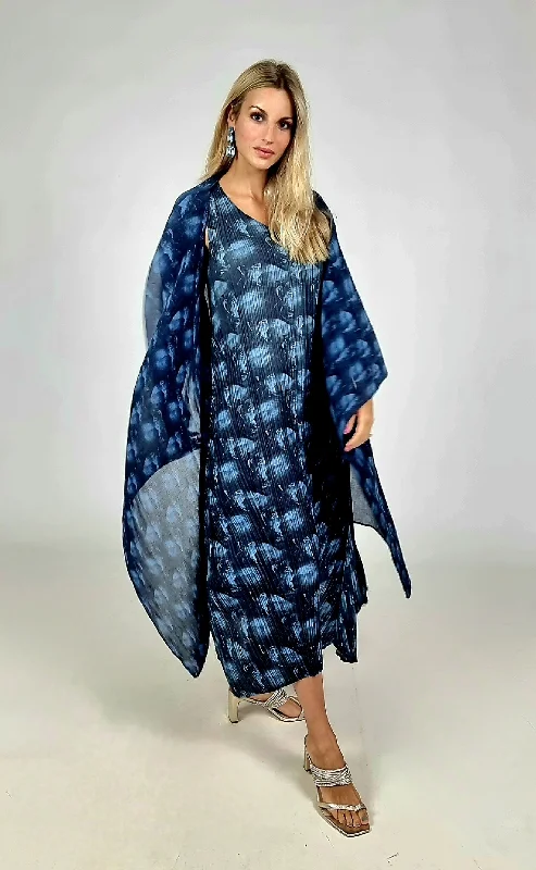 Alquema Navy Rose Long Estrella Dress And Collare Coat Rayon Velvet Corduroy