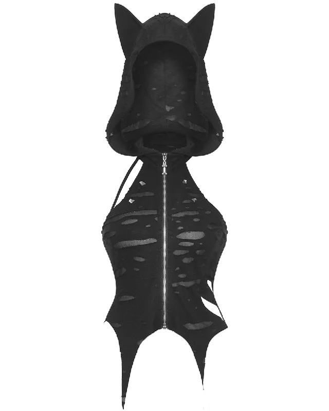 Dark In Love Womens Gothic Punk Shredded Cami Tank Top With Cat Ears Hood mint tank top