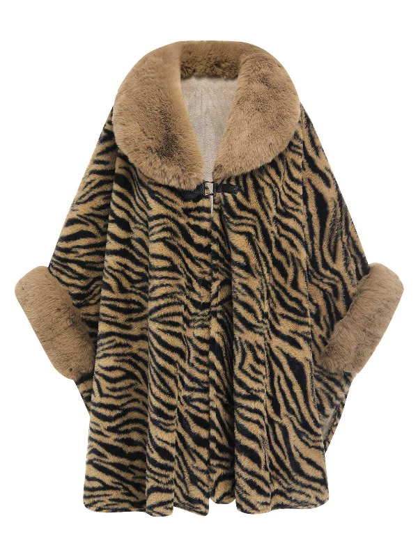 Camel 1970s Fur Tiger Stripe Cape Coat Square Neck One-Shoulder Off-the-Shoulder