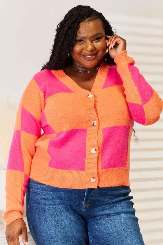 Checkered V-Neck Dropped Shoulder Cardigan Hooded Caped Shawl Collar