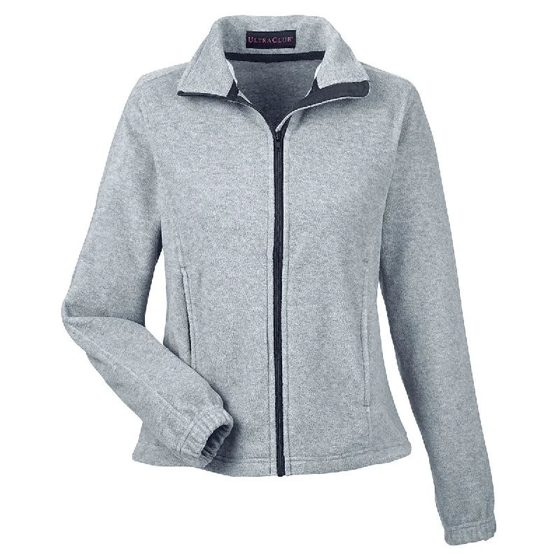 UltraClub Women's Grey Heather Iceberg Fleece Full-Zip Jacket Zippered Front Buttoned Front Snap Front UltraClub Women's Grey Heather Iceberg Fleece Full-Zip Jacket Zippered Front Buttoned Front Snap Front