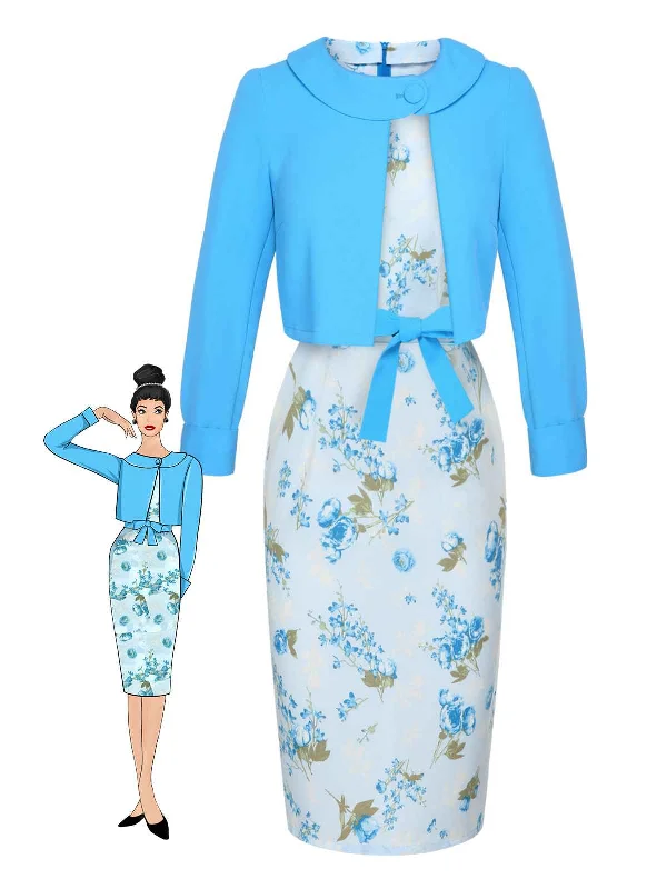 2PCS Sky Blue 1960s Lapel Coat & Floral Pencil Dress Kimono Robe Cloak