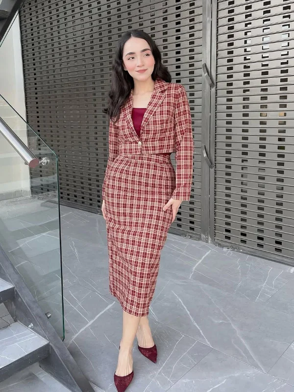 2PCS Red 1960s Plaid Lapel Short Coat & Slit Skirt Jersey Tulle Batik