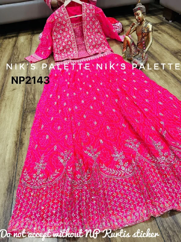 Premium Georgette Bandhani Print Skirt with Zari Embroidered Jacket and Crop Top Fleece Fabric Down Fabric Feather Fabric