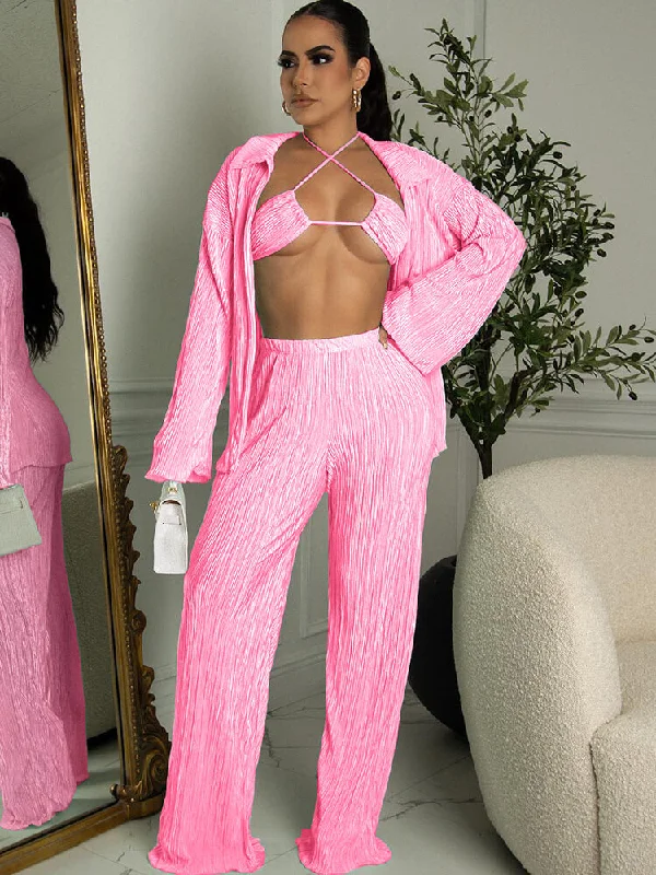 Three Piece Long Sleeve Cardigan & Wide Leg Pants Suit Stretchy Elastic Breathable