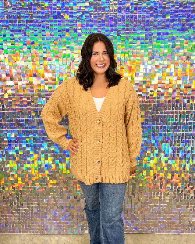 FINAL SALE Vivia Textured Cardigan - Tan Spandex Rayon Corduroy