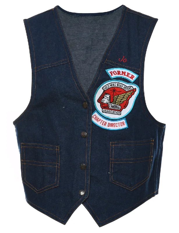 Dark Wash Appliqued Denim Jacket Vest - M