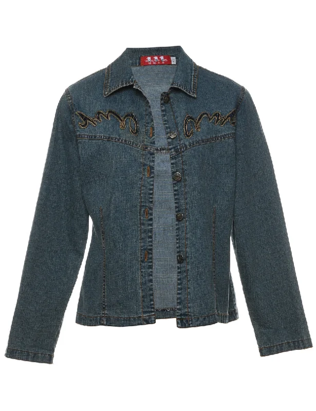 Embroidered Faded Wash Y2K Denim Jacket - M