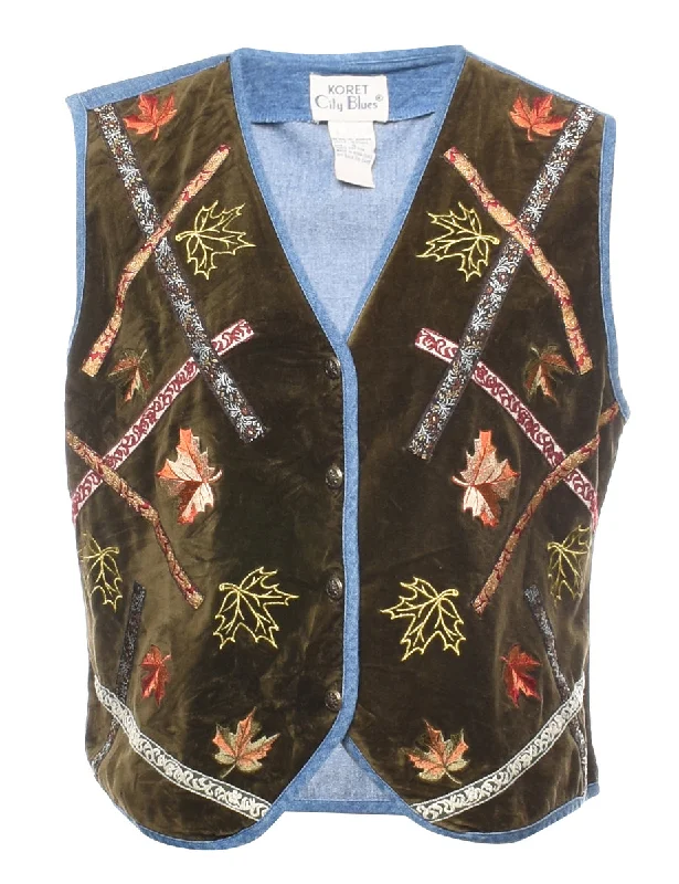 Embroidered Velvet & Denim Vest - S