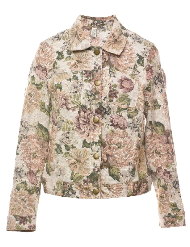 Floral Pattern Green, Pink & Off-White Tapestry Jacket - L