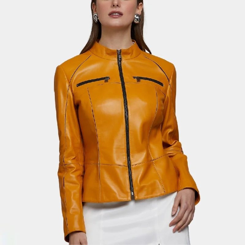 New Womens Slim Fit Yellow Leather Jacket