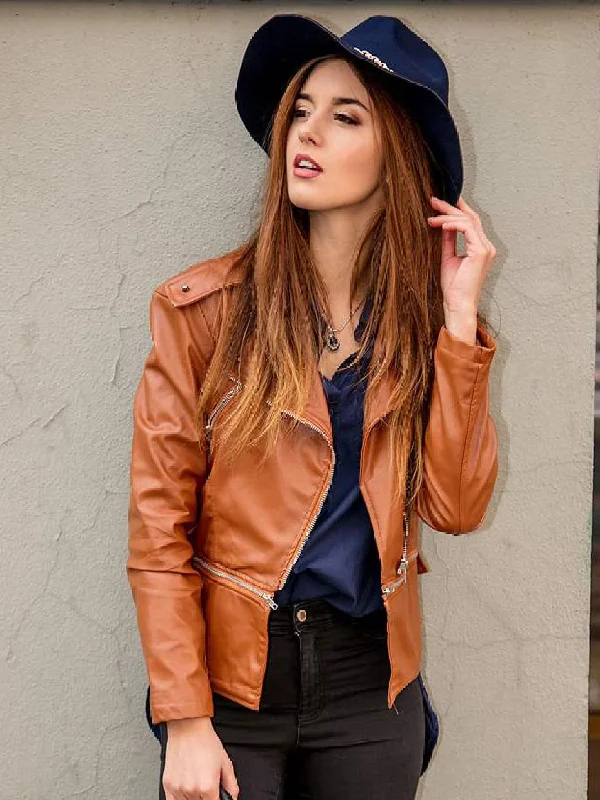 Women’s Chic Lapel Zipper Up Slim Fit Brown Leather Jacket