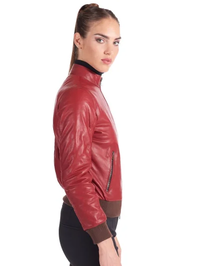 Womens Red Genuine Leather Bomber Jacket