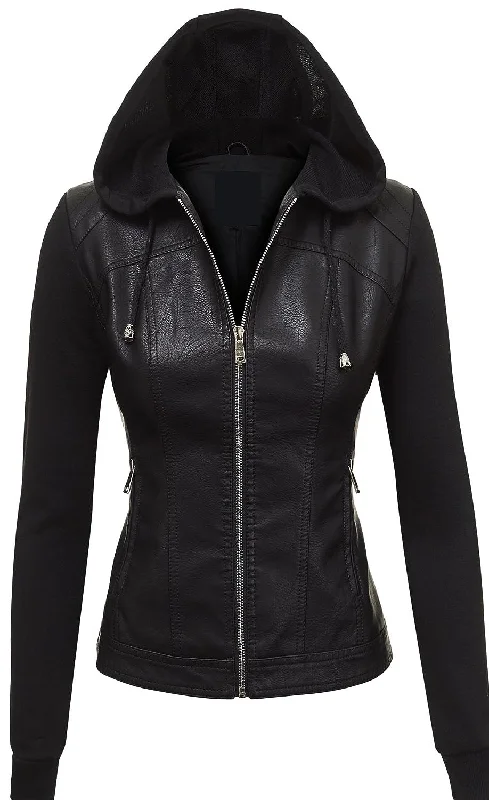 Women's Removable Hooded Black Leather Moto Jacket