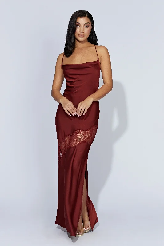 Chandra Lace Detail Satin Maxi Dress - Cherry Chocolate