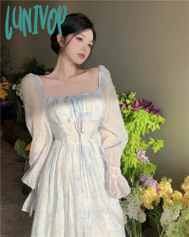 Lunivop Spring and Summer Square Collar Blue Elegant French Retro Long-sleeved Princess Prom Dress Bohemian Temperament Floral Dresses