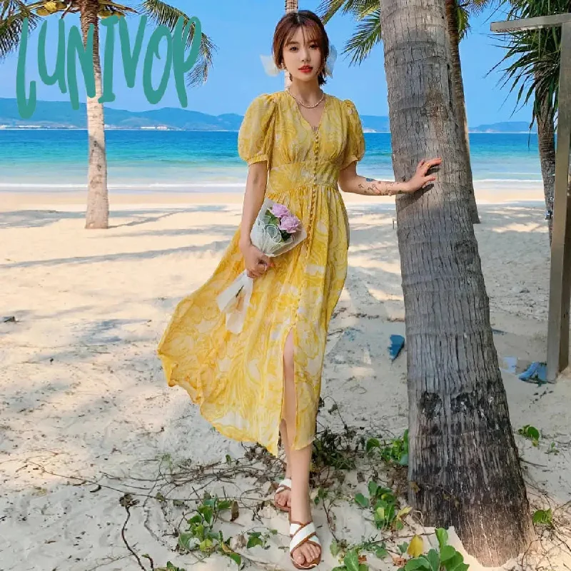 Lunivop Summer Bohemian Yellow Women's Senior Sense Chiffon V-neck High Waist Thin Temperament Elegant Fashion Seaside Resort Long Dress