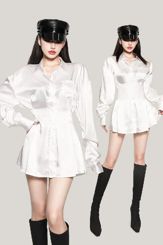 Nadia Solid Color White Satin Button Up Long Sleeve Shirt Dress Under bust Corset Set