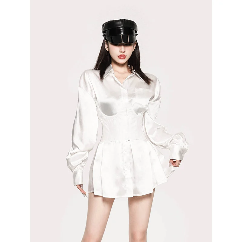 Nadia Solid Color White Satin Button Up Long Sleeve Shirt Dress Under bust Corset Set