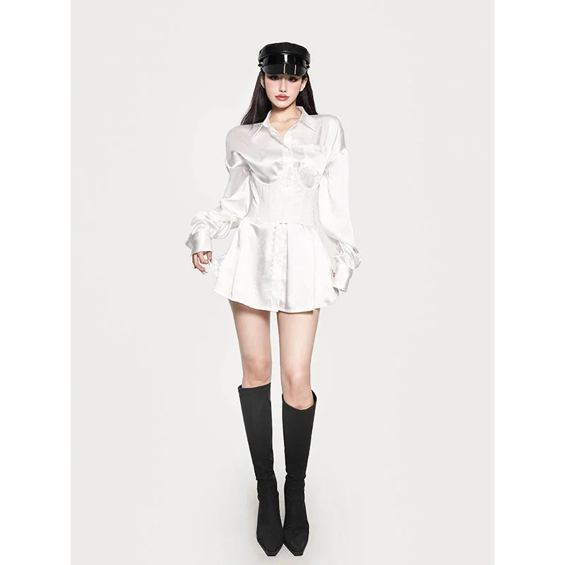 Nadia Solid Color White Satin Button Up Long Sleeve Shirt Dress Under bust Corset Set