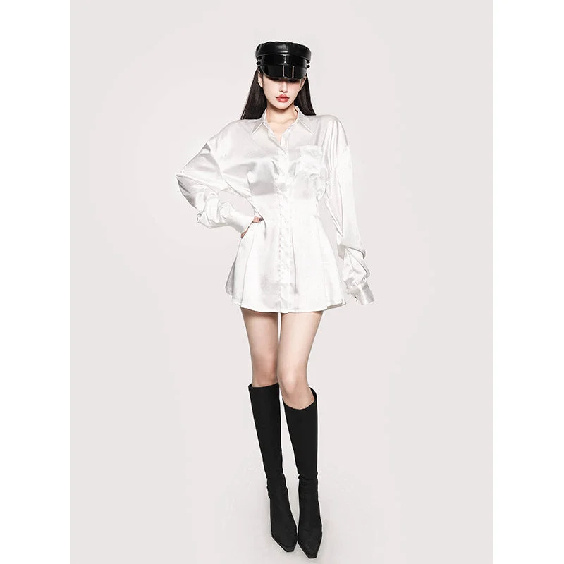 Nadia Solid Color White Satin Button Up Long Sleeve Shirt Dress Under bust Corset Set