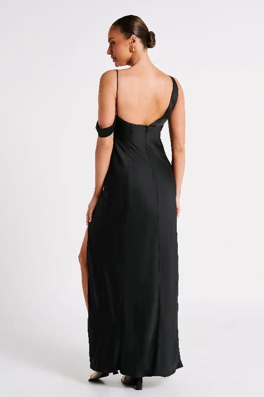 Soleil Satin Off Shoulder Maxi Dress - Black