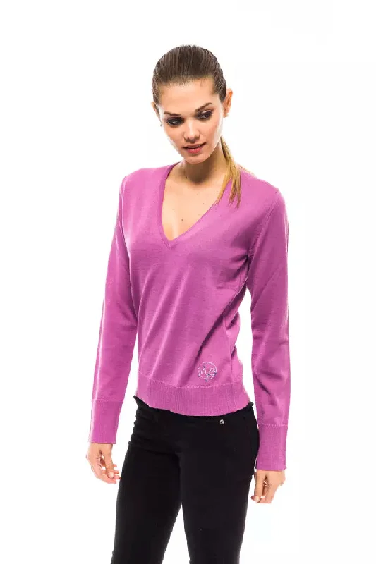 Chic Pink V-Neck Embellished Logo Sweater