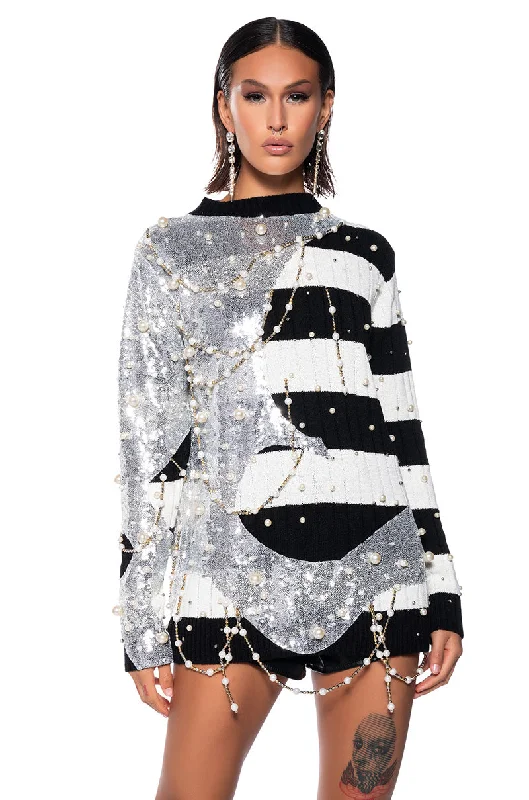 UNLIKE THE OTHERS PEARL AND SEQUINS DETAILED LONG SLEEVE SWEATER