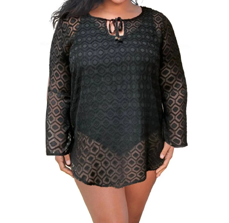 Plus Size Long Sleeve V-Neck Tunic Cover Up In Black