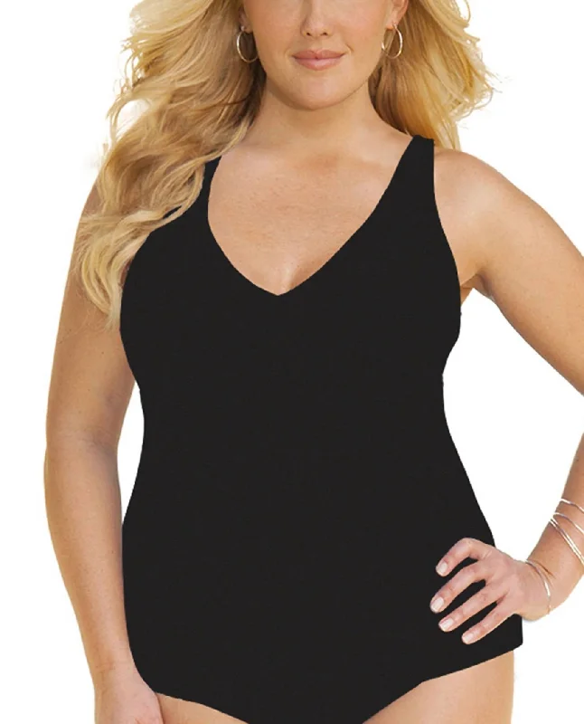 Plus Size Ruched A-Line Tankini Top In Black