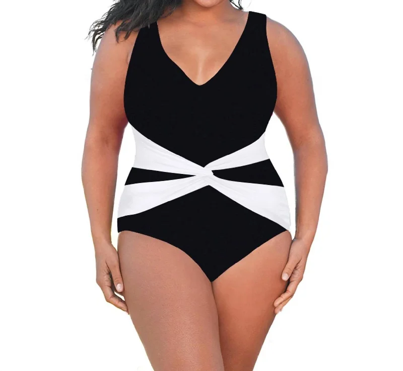 Plus Size V-Neck Twist Front One Piece Swimsuit In Black