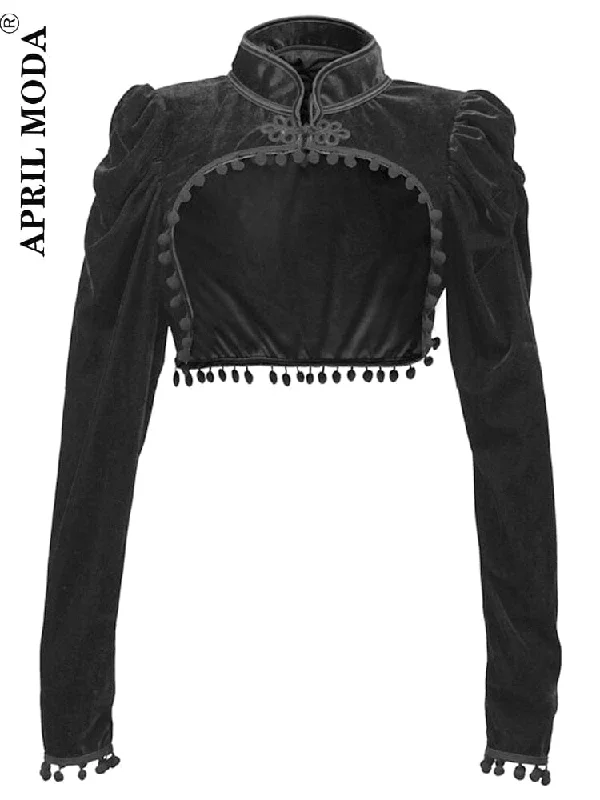 Gothic Black Velvet Short Steampunk Crop Jacket Long Sleeve