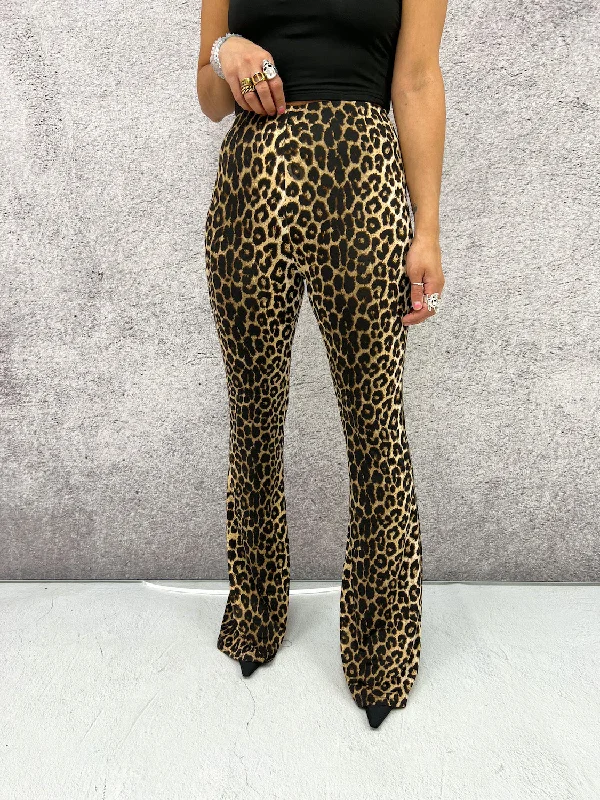 High Waisted Flared Trousers In Brown Leopard Print