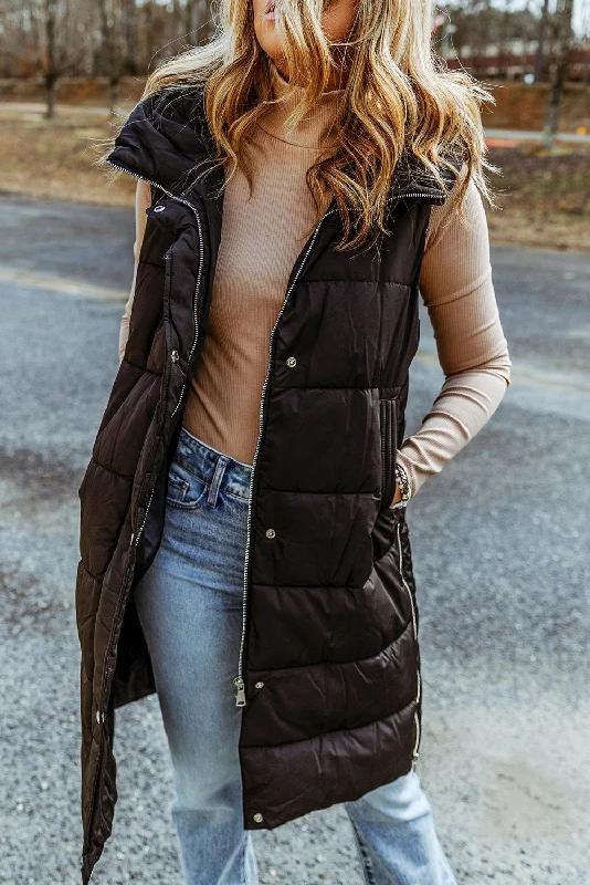 Hooded Puffer Long Vest with Pockets