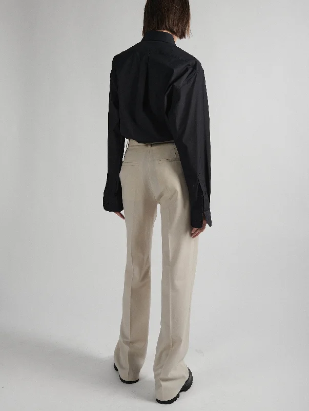 Pantalon taille haute en gabardine de laine écru