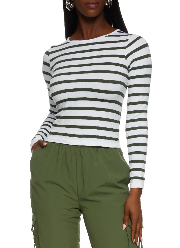 Seamless Ribbed Knit Striped Long Sleeve Top