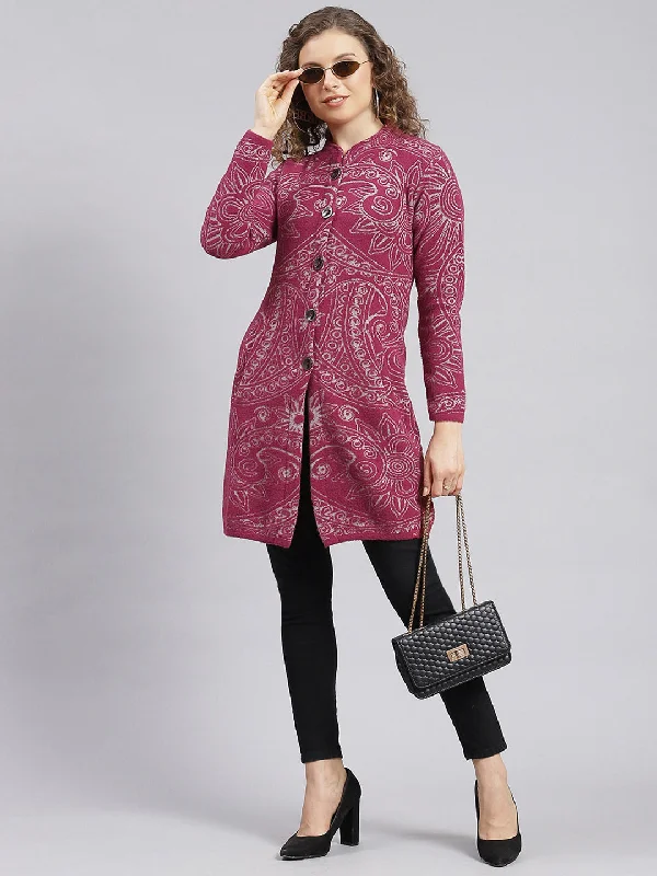 Women Maroon Jaquard Wool blend Knitted Coat