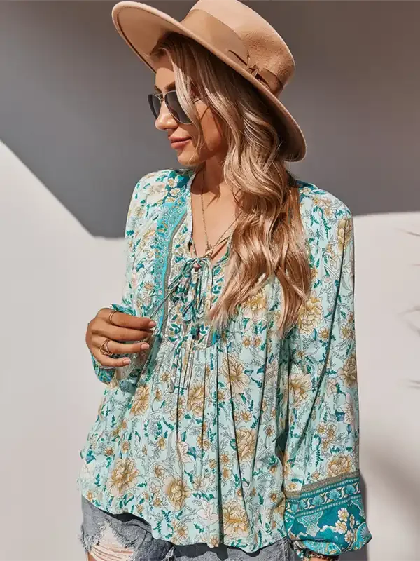 Women’s bohemian print resort short sleeve blouse