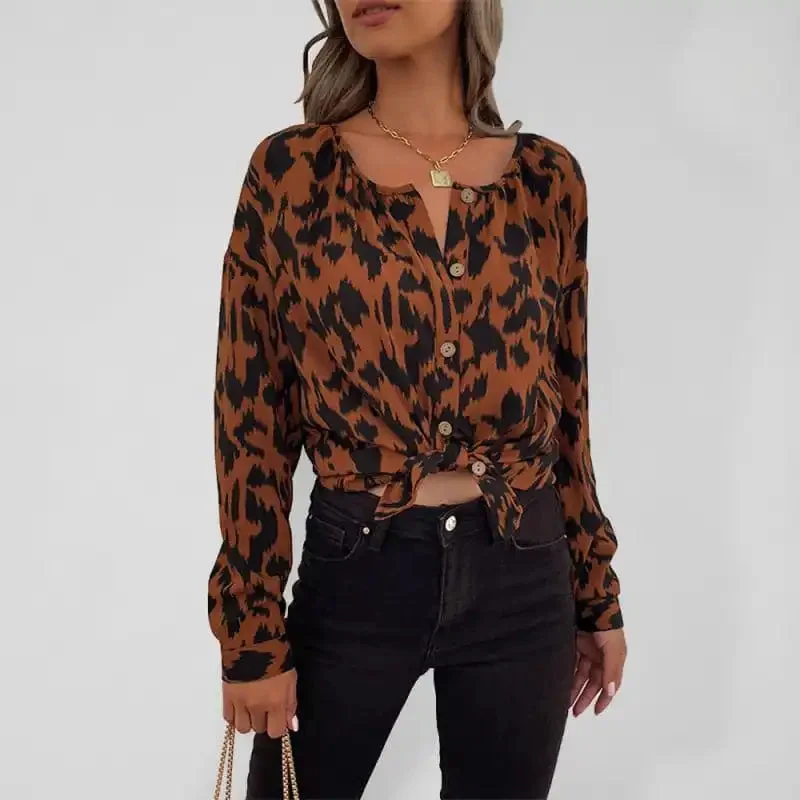 Women’s Leopard Print Button-front Long-sleeve Shirt