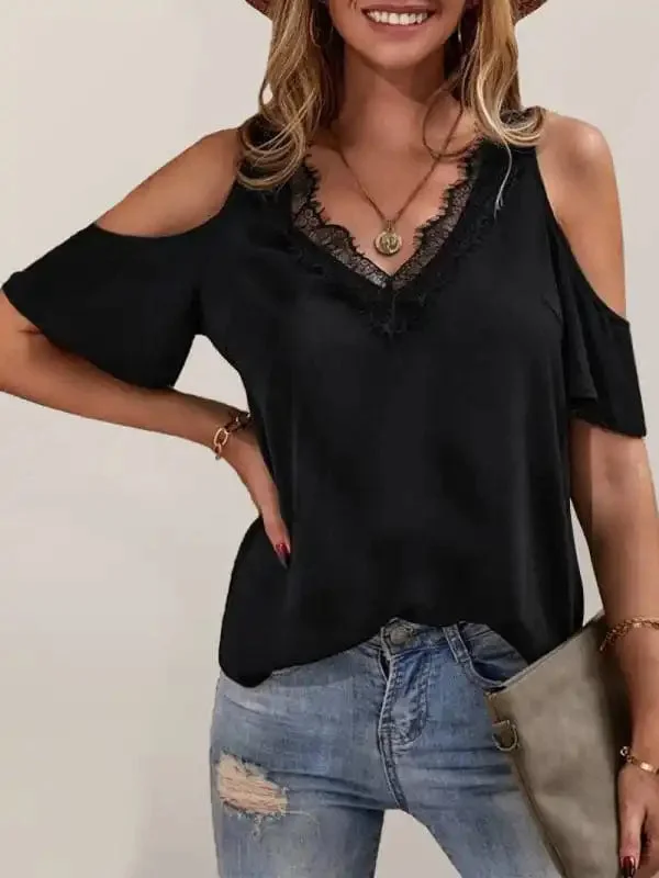 Women’s Solid color lace-trimmed V-neck off-the-shoulder short-sleeved top