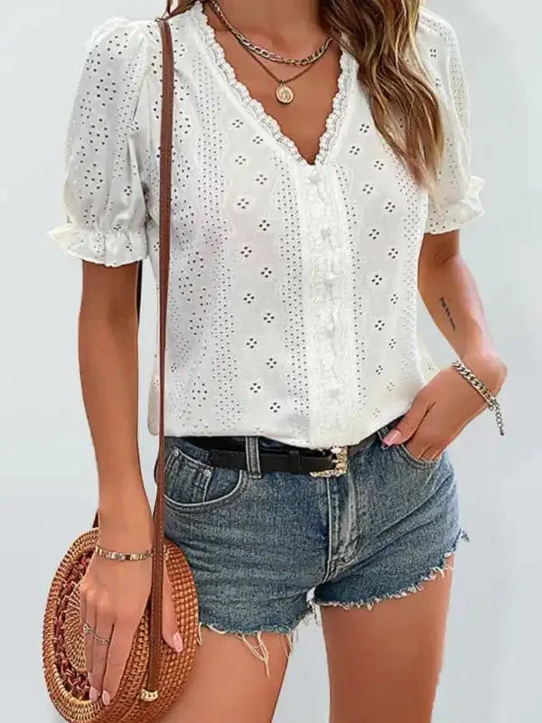 Women’s solid color V-neck hollow short-sleeved blouse