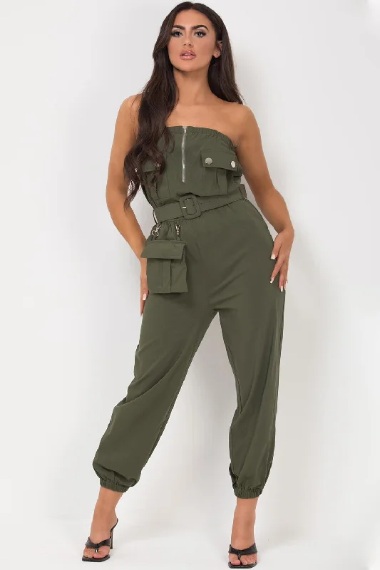 Bardot Cargo Utility Belted Jumpsuit Khaki