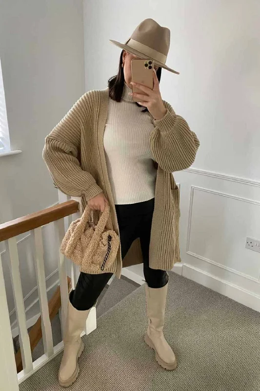 Beige Oversized Cardigan With Pockets