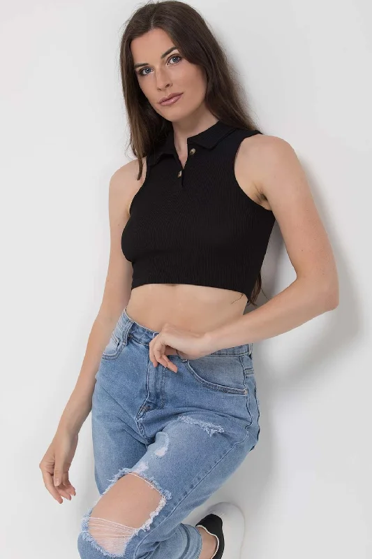 Black Rib Polo Collar Crop Top