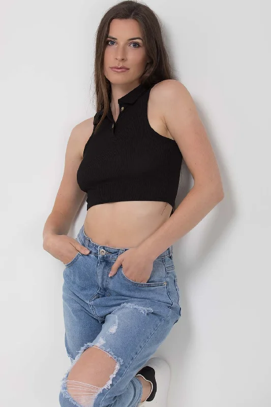 Black Rib Polo Collar Crop Top