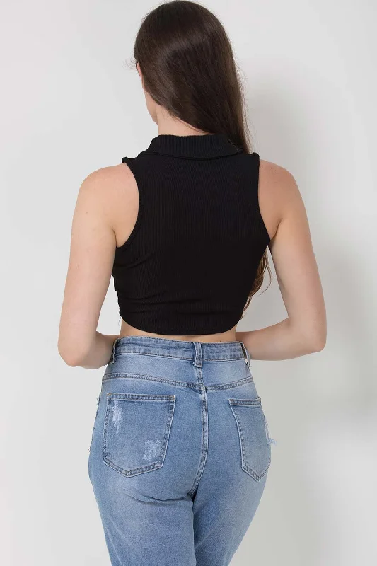 Black Rib Polo Collar Crop Top